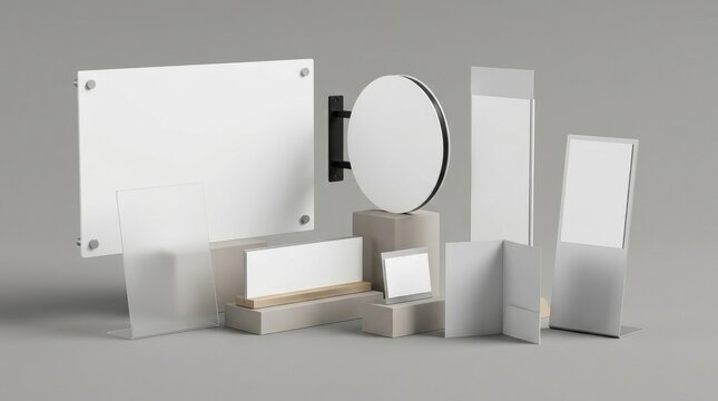 Assorted blank retail display stands and signage mockups group arranged on grey backdrop