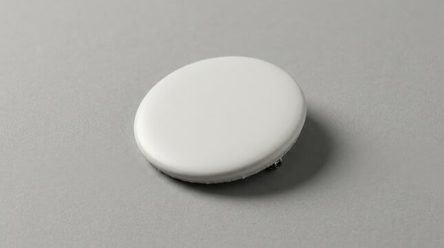Blank white round pin button badge resting on a neutral gray studio background surface