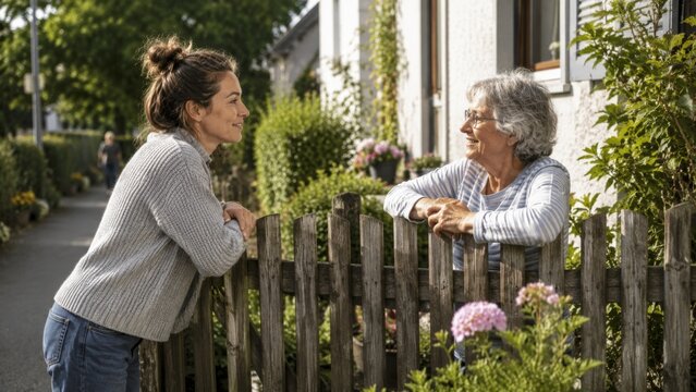 Young and older neighbors talking across a garden fence