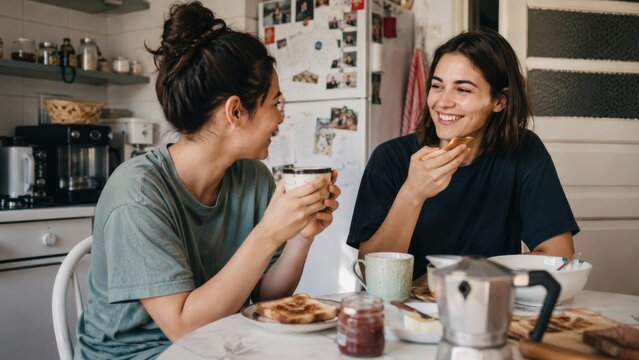 Two friends sharing toast and coffee after a sleepover