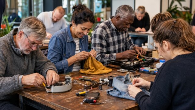 Local repair cafe volunteers fixing fabric and electronics together