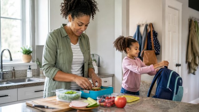 Single parent packing lunch during a busy school morning