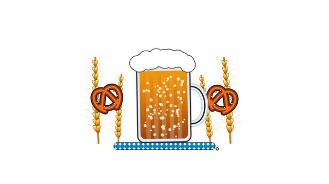 Heraldic Bavarian Oktoberfest crest featuring central effervescent beer stein flanked by golden pretzels and swaying wheat stalks in 4K.