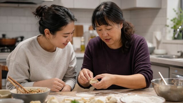 Friends learning homemade dumplings at a kitchen table
