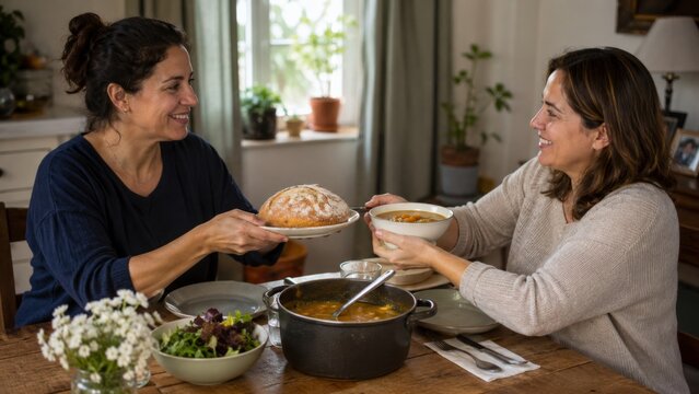 Neighbors sharing homemade bread and soup at table