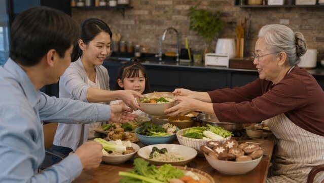 Multigenerational family passing bowls during dinner prep