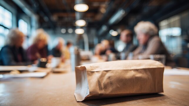 Closeup medium shot of a fairtrade certified coffee bag on a table sharp in focus with outoffocus workshop participants discussing sustainability in the background.