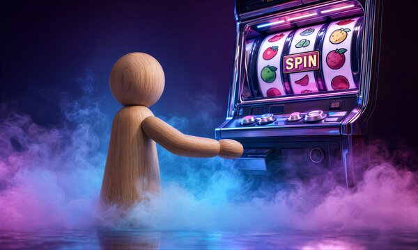 Wooden figure spins glowing slot machine amidst colorful smoke and neon lights.