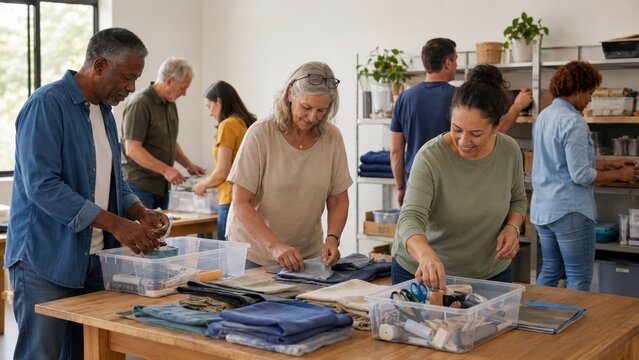 Volunteers organizing tools together in a bright community room