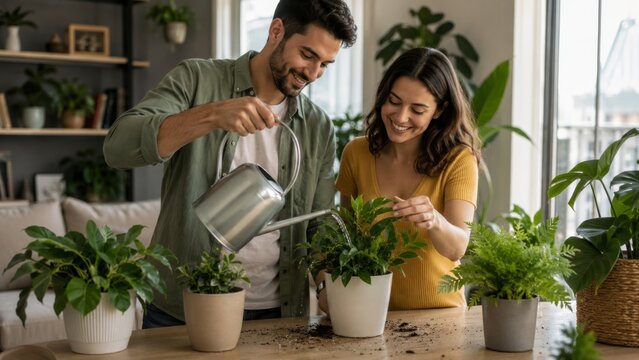Couple watering indoor plants together in a bright apartment