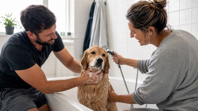 Couple washing their dog together in a bright bathroom