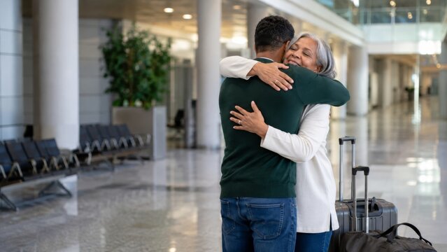 Family farewell hug with luggage in airport terminal