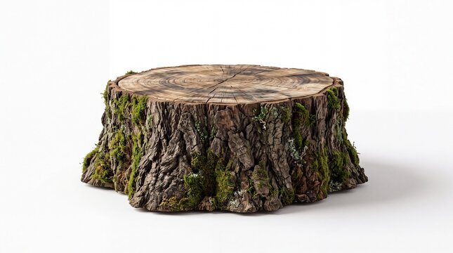 Natural wooden tree stump with moss on a clean white background