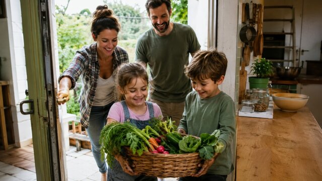 Parents and children carrying homegrown vegetables into kitchen