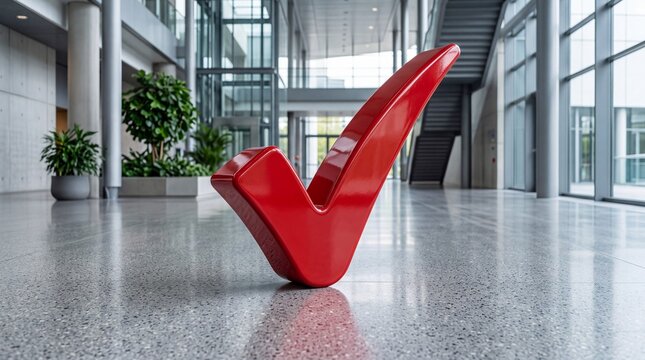 A large red check mark sculpture in a modern office lobby setting