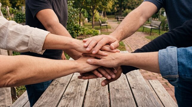Group of diverse hands stacking together in a collaborative gesture outdoors