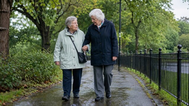 Older friends walking with support through rainy park