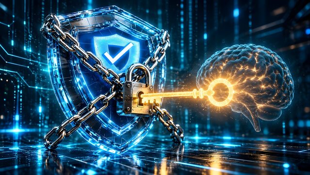 Glowing golden key from digital brain unlocking chained security shield and padlock on circuit board for intelligent cybersecurity defense