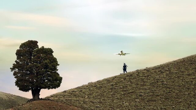 Silhouette Of Person Standing On Hill Near Lonely Tree As Passenger Airplane Flies Overhead - 4K