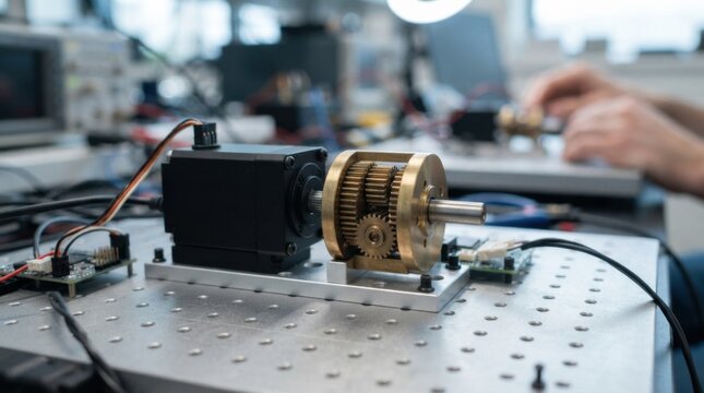 Brushless servo actuator and brass planetary gearbox operating on an aluminum optical breadboard test bench during autonomous robotics development.