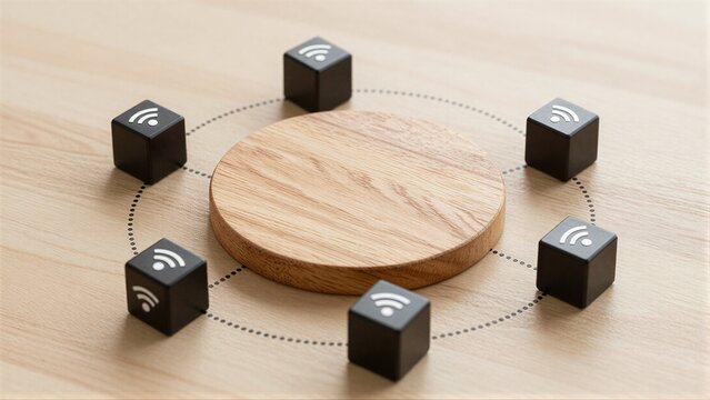 Four black cubes with Wi-Fi symbols surround a wooden circle on light wood surface.