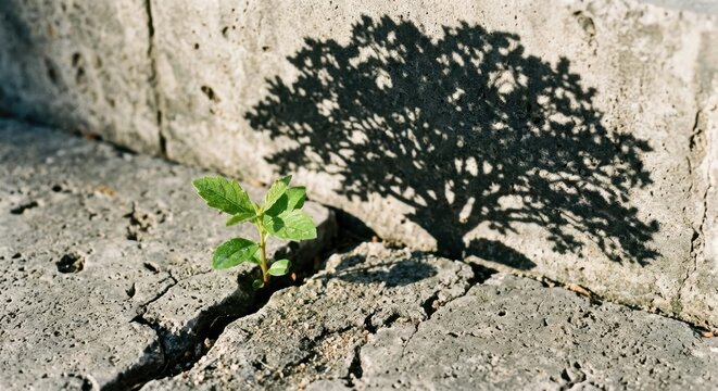 Small green sprout growing from cracked concrete casting a large tree shadow on a wall, symbolizing potential, growth, resilience, and big dreams in a challenging urban environment.