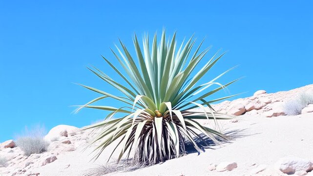Desert Yucca Plant Standing on Rocky Sandy Hillside Under Clear Blue Sky, Cinematic Full HD Nature Motion