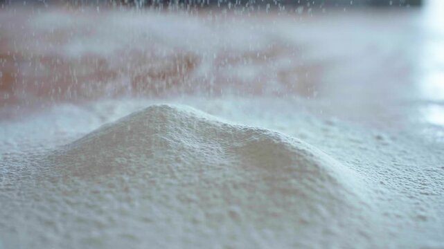 Soft flour mound forms on a clean surface. Fine particles drift gently upward, creating motion. Light reflects off the white powder, enhancing texture. Ideal for culinary, baking