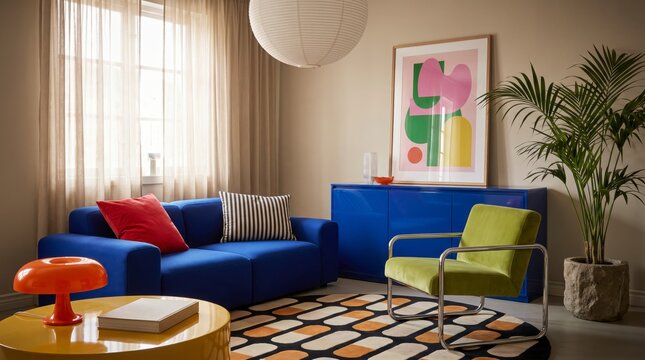 Bold living room with cobalt blue sofa, lime green armchair, yellow coffee table and graphic rug