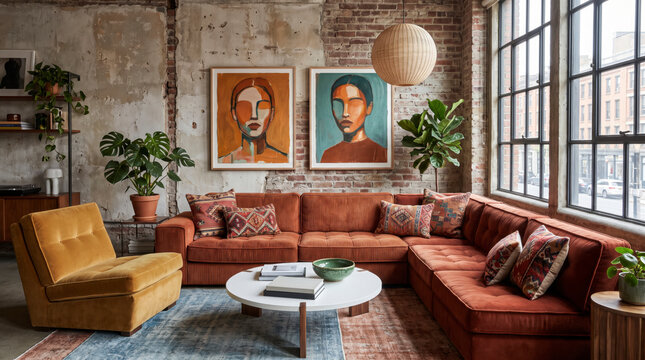 Eclectic brick loft living room with rust velvet corner sofa, mustard chair and framed portraits