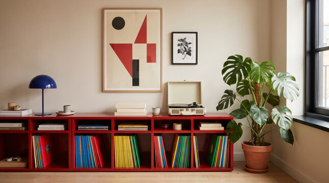 Curated living room corner with red lacquer shelf, vinyl records, record player and geometric poster