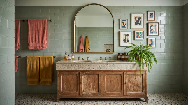 Rustic bathroom with sage green tile, arched brass mirror, wooden double vanity and coral towels