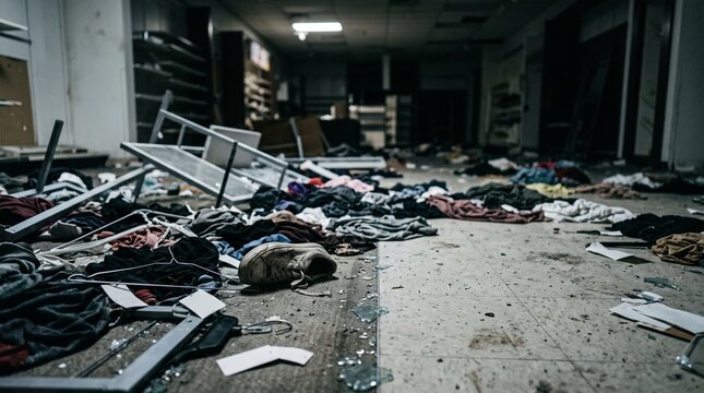 Clothing and debris scattered across a ransacked store after looting. Retail shop vandalism and property damage. Civil unrest, theft and urban chaos. Broken glass and overturned displays