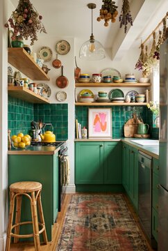 Lively kitchen with emerald green tiles and cabinets, open shelves, colorful ceramics and lemons
