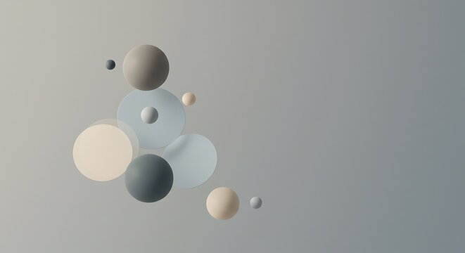 Abstract floating pastel spheres in minimal gray space.