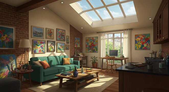 Bright artistic living room with green sofa and skylight windows.