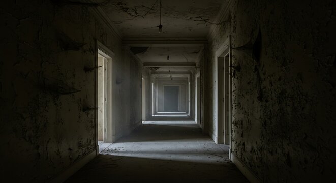 Dark spooky hallway in an old abandoned derelict building.