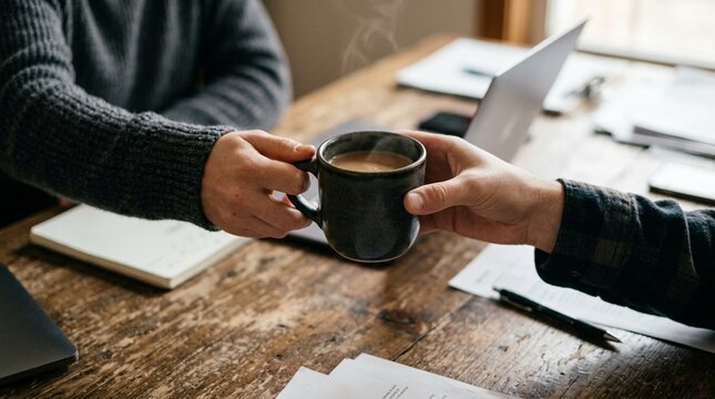 Hands passing coffee cup across desk, teamwork and support during long work shift