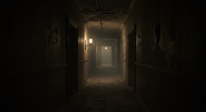Dimly lit spooky hallway in old abandoned building.