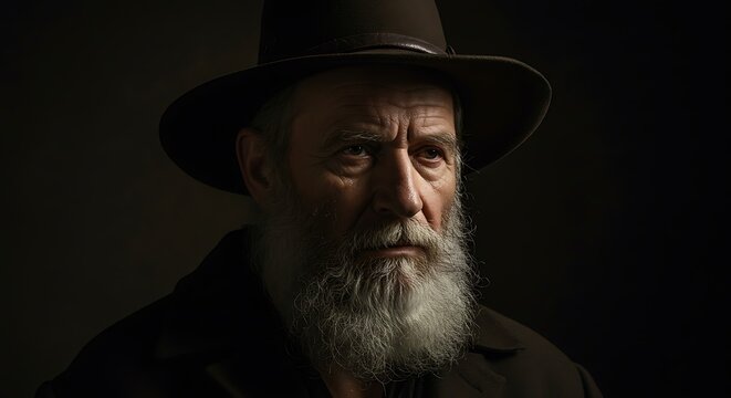 Dramatic portrait of elderly bearded man wearing felt hat.