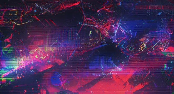 Glitch art background with neon colors and digital distortion.