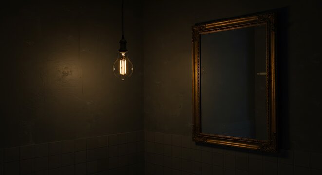 Glowing vintage light bulb and ornate gold mirror in darkness