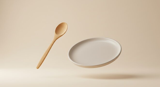 Minimalist floating wooden spoon and white ceramic plate.