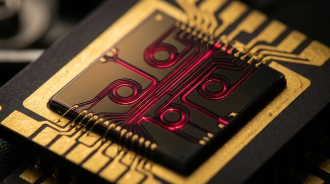 Silicon photonic microchip on gold ceramic package with microscopic optical waveguides and micro-ring resonators glowing with infrared laser light.