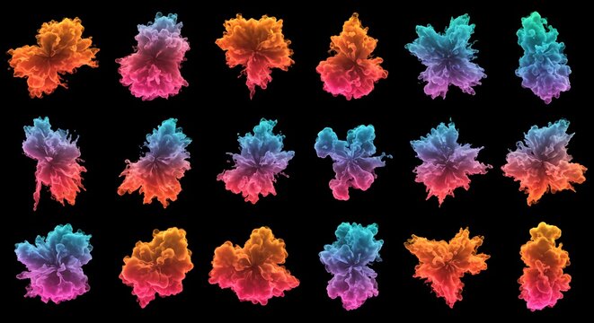 Set of colorful powder explosion bursts on black background.