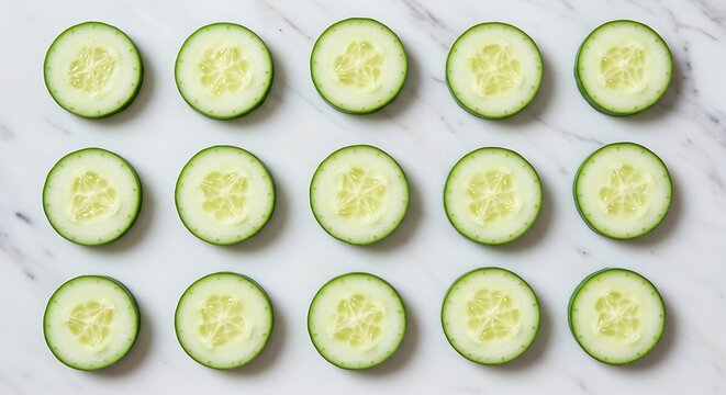 Sliced fresh green cucumbers arranged on white marble surface.