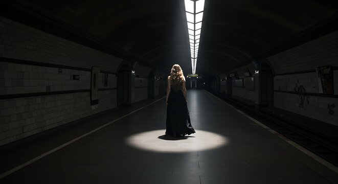 Woman in dark dress standing in spotlight underground tunnel.