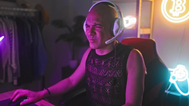 Man wearing headset clicks mouse and rubs neck in studio while squinting and grimacing; frustration focus.