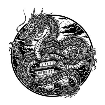 Intricate circular dragon and Japanese temple ink drawing.