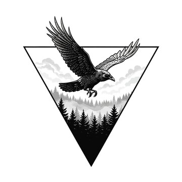 Raven flying over pine forest in triangle frame illustration.